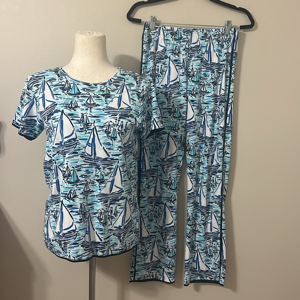 Sail to Sable Womens Short Sleeve Sailboat Print Pajama Set Sz Small Preppy